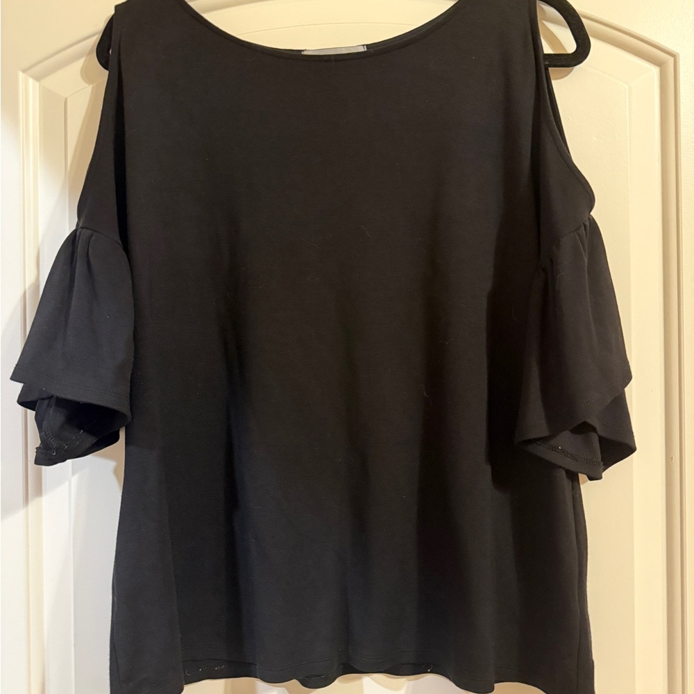 Black Cold-Shoulder Ruffle Sleeve Women's Top